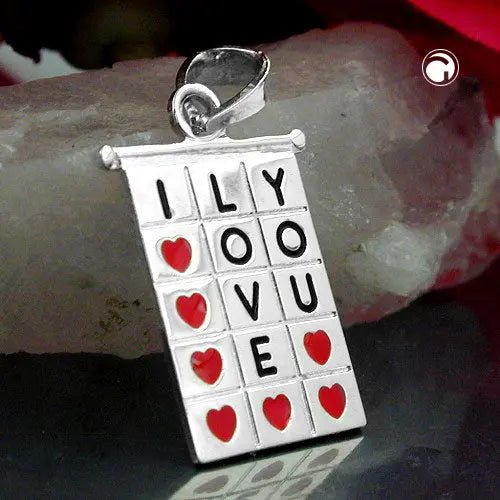 Anhänger 22x13mm Viereck I - LOVE - YOU rot - schwarz lackiert Silber 925