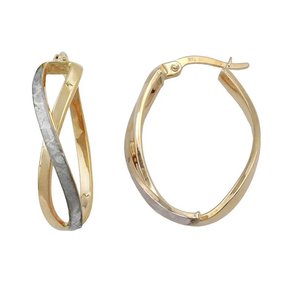 Creole Ohrring 26x7mm gekreuzt bicolor teil - rhodiniert mattiert 9Kt GOLD