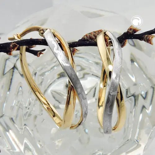 Creole Ohrring 26x7mm gekreuzt bicolor teil - rhodiniert mattiert 9Kt GOLD