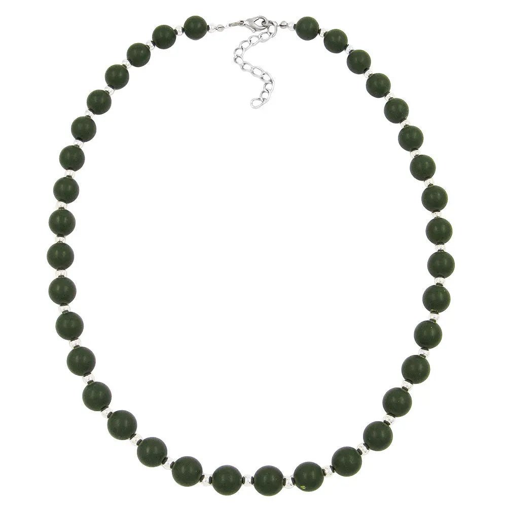 Kette, 10er Perle, oliv - silber, matt