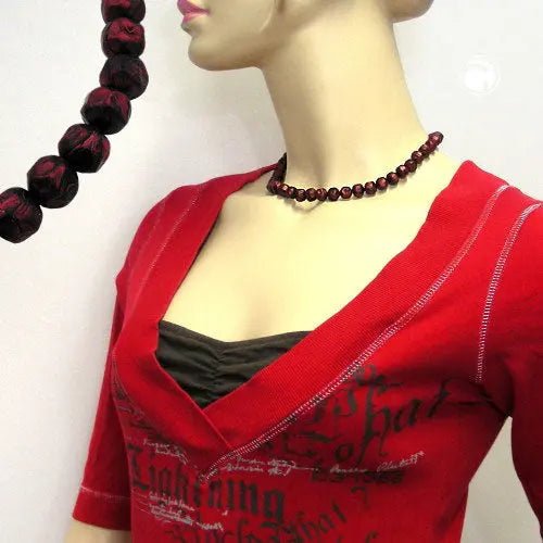 Kette 10mm Kunststoffperlen Barockperlen rot - schwarz - marmoriert 42cm