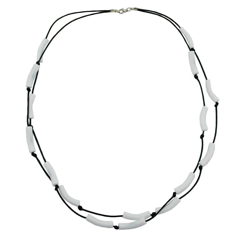 Kette 2 - reihig Walze weiß - matt mit Kordel schwarz 70cm