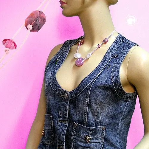 Kette 30x11mm Kunststoffperle Scheibe rosa - seidig weiß Kordel rosa 50cm