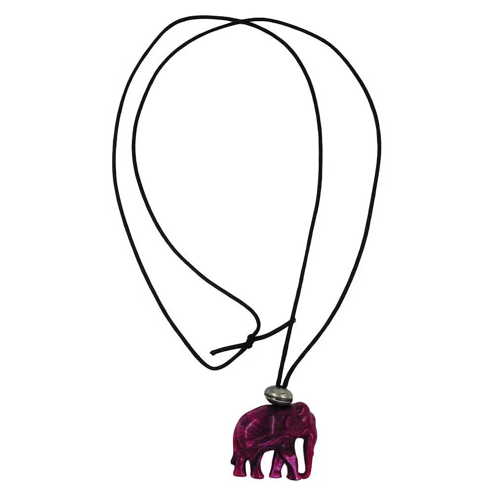 Kette 35x32x18mm Elefant Kunststoff fuchsia - weiß marmoriert Kordel schwarz 100cm