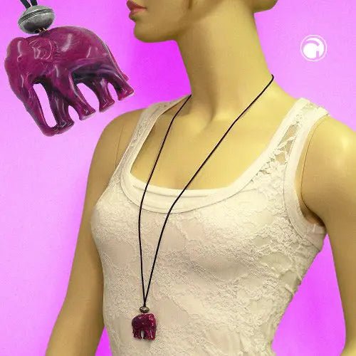 Kette 35x32x18mm Elefant Kunststoff fuchsia - weiß marmoriert Kordel schwarz 100cm