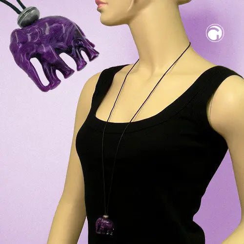 Kette 35x32x18mm Elefant Kunststoff lila - weiß marmoriert Kordel schwarz 90cm
