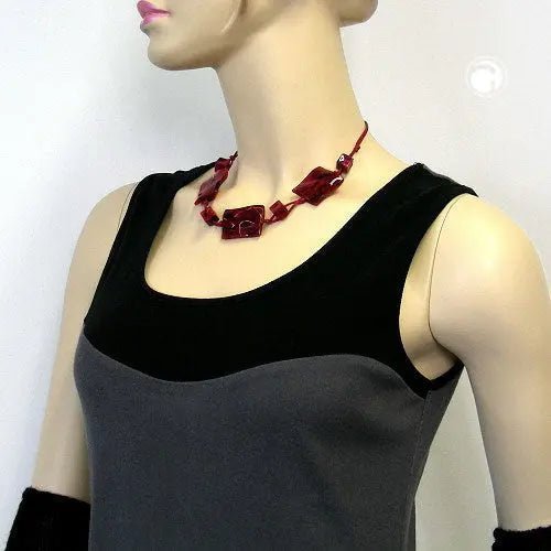Kette 3x 35x25mm - Viereck gewellt rot - schwarz - marmoriert 45cm