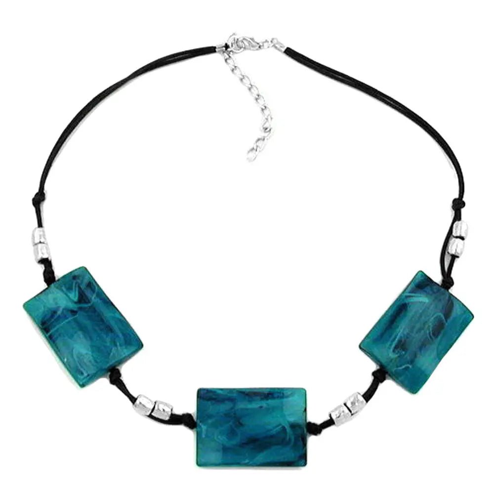 Kette 3x 35x25mm Viereck gewellt türkis - blau - marmoriert Kordel schwarz 45cm