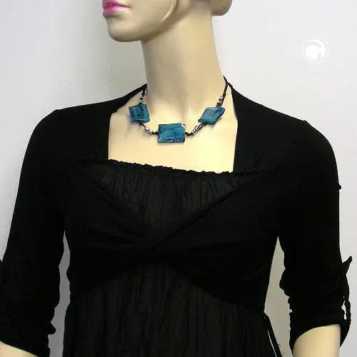 Kette 3x 35x25mm Viereck gewellt türkis - blau - marmoriert Kordel schwarz 45cm
