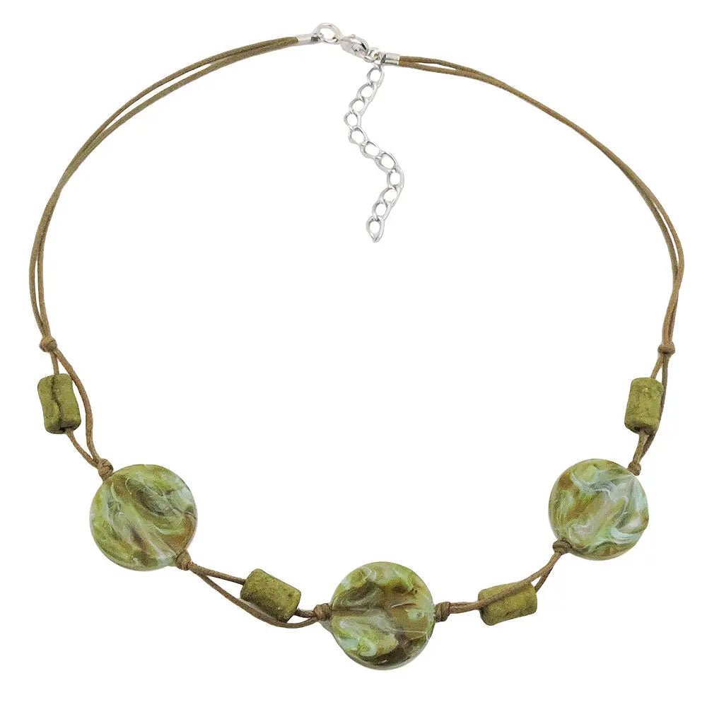Kette 3x Scheibe Kunststoff oliv - türkis - marmoriert Kordel olivgrün 45cm