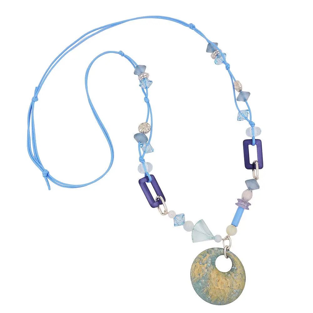 Kette 40mm Scheibe gehämmert türkis blau Kunststoff Kordel hellblau 90cm