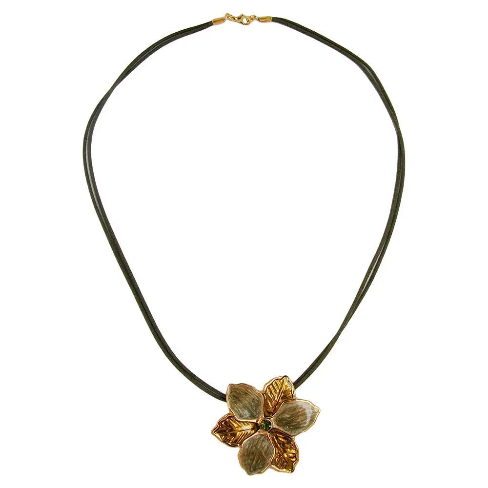 Kette 48mm Blume Metallanhänger oliv - gold emailliert Kordel oliv 50cm
