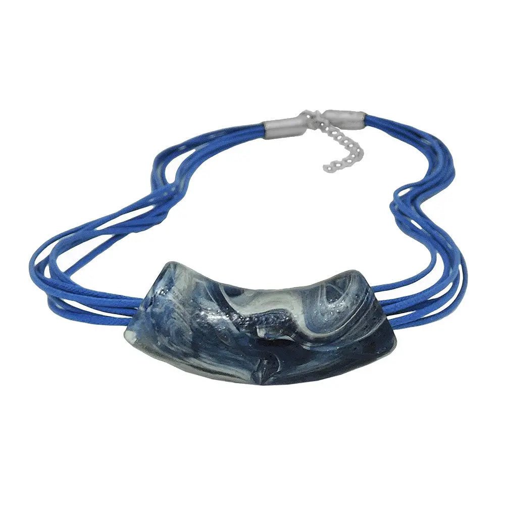 Kette 54x19mm Anhänger Rohr flach gebogen blau - silber - marmoriert glänzend Kunststoff 45cm