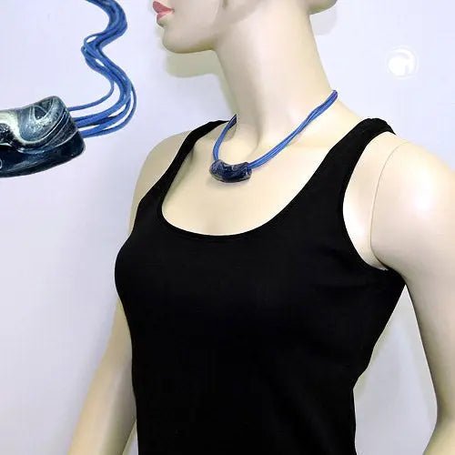 Kette 54x19mm Anhänger Rohr flach gebogen blau - silber - marmoriert glänzend Kunststoff 45cm