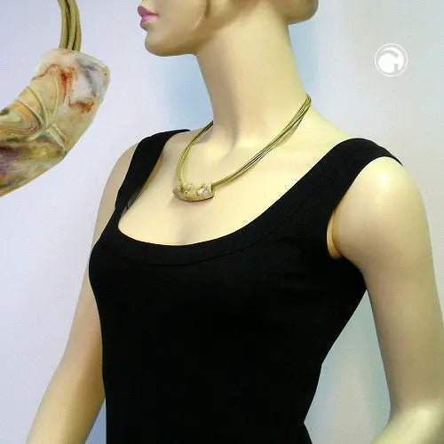 Kette 54x19mm Anhänger Rohr flach gebogen weiß - oliv - marmoriert glänzend Kunststoff 45cm