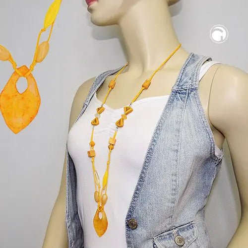 Kette 55x35mm Faustkeil Kunststoff gelb - orange - marmoriert Kordel gelb 90cm