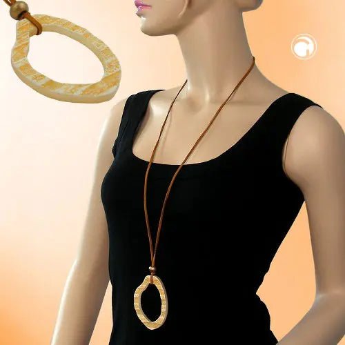 Kette 75x55mm Baumring Kunststoff orange - gelb Lederband natur 90cm