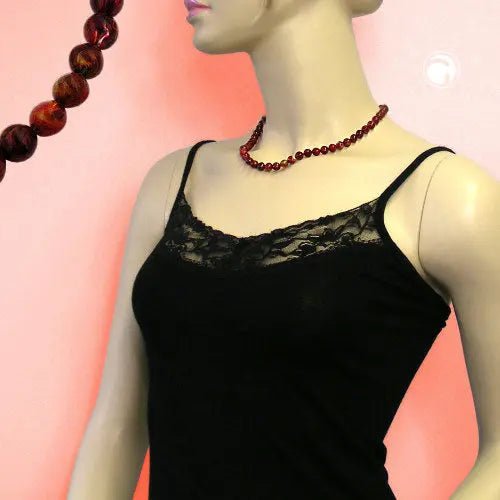 Kette 8mm Vierkantperle Kunststoff rot - gold - marmoriert glänzend 45cm