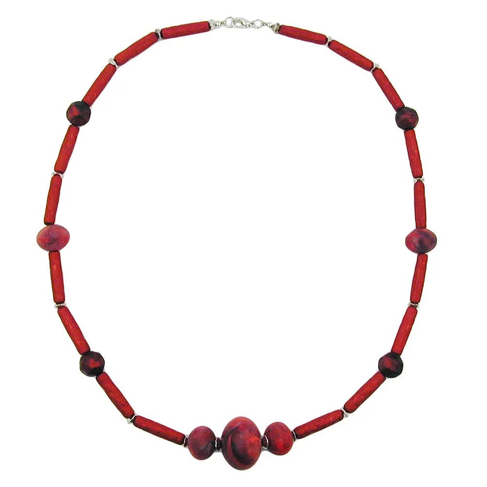 Kette Barock - Röhren Kunststoff rot - metallic mit Tomaten - Perlen rot - marmoriert matt 60cm