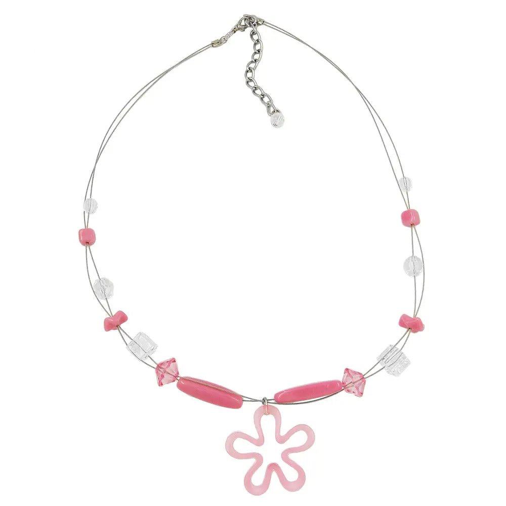 Kette Drahtkette mit Glas - und Kunststoffperlen rosa - transparent mit rosa Blume 45cm