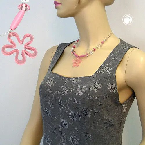 Kette Drahtkette mit Glas - und Kunststoffperlen rosa - transparent mit rosa Blume 45cm