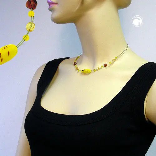 Kette Drahtkette mit Glasperlen Olive mattgelb - braun 42cm