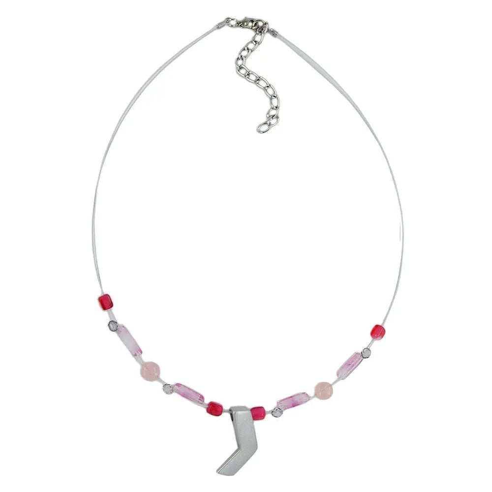 Kette Drahtkette mit Glasperlen rosa silbergrau - matt und Anhänger Zinnguss 42cm
