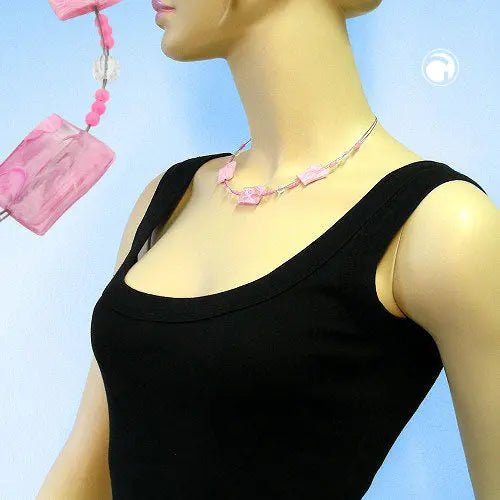 Kette Drahtkette Viereck gewellt rosa - marmoriert Kunststoffperlen 45cm