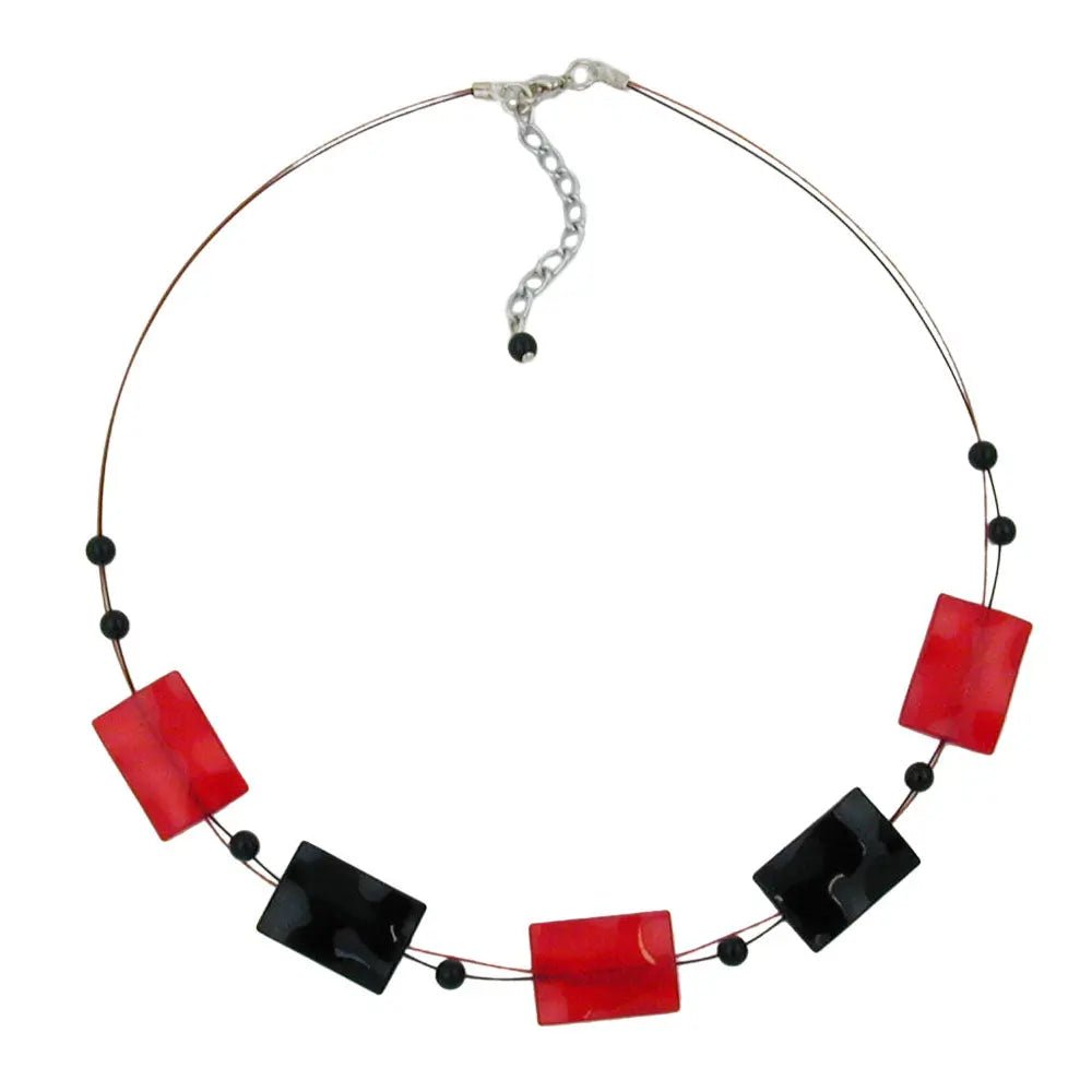 Kette Drahtkette Viereck gewellt rot - schwarz glänzend Kunststoffperlen 45cm