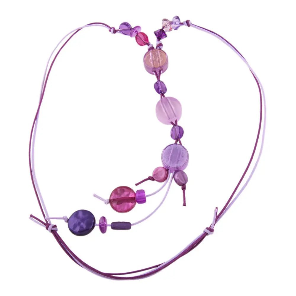 Kette flache lila Perlen Kunststoff mit 2 - fach lila Kordel 80cm