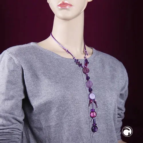 Kette flache lila Perlen Kunststoff mit 2 - fach lila Kordel 80cm