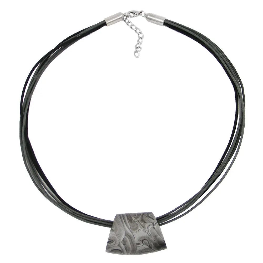 Kette Kunststoffperle Trapez silbergrau - marmoriert glänzend Kordel grau - schwarz 45cm
