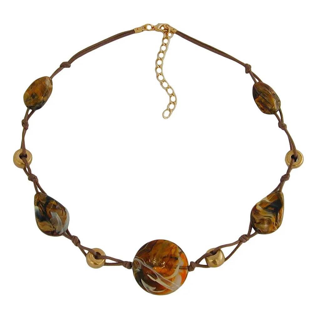 Kette Kunststoffperlen braun - beige - gold - marmoriert Kordel braun 45cm