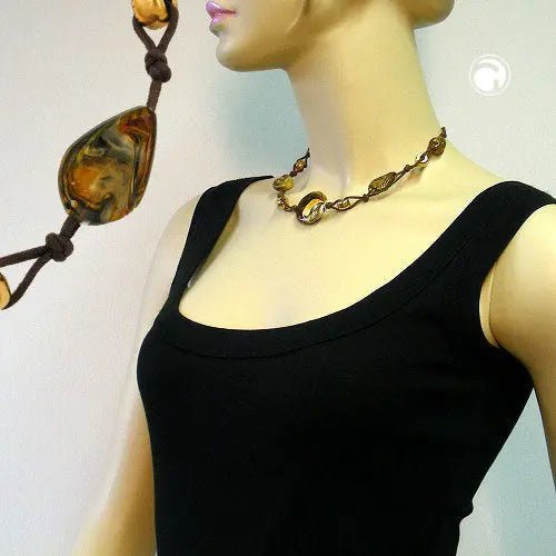 Kette Kunststoffperlen braun - beige - gold - marmoriert Kordel braun 45cm