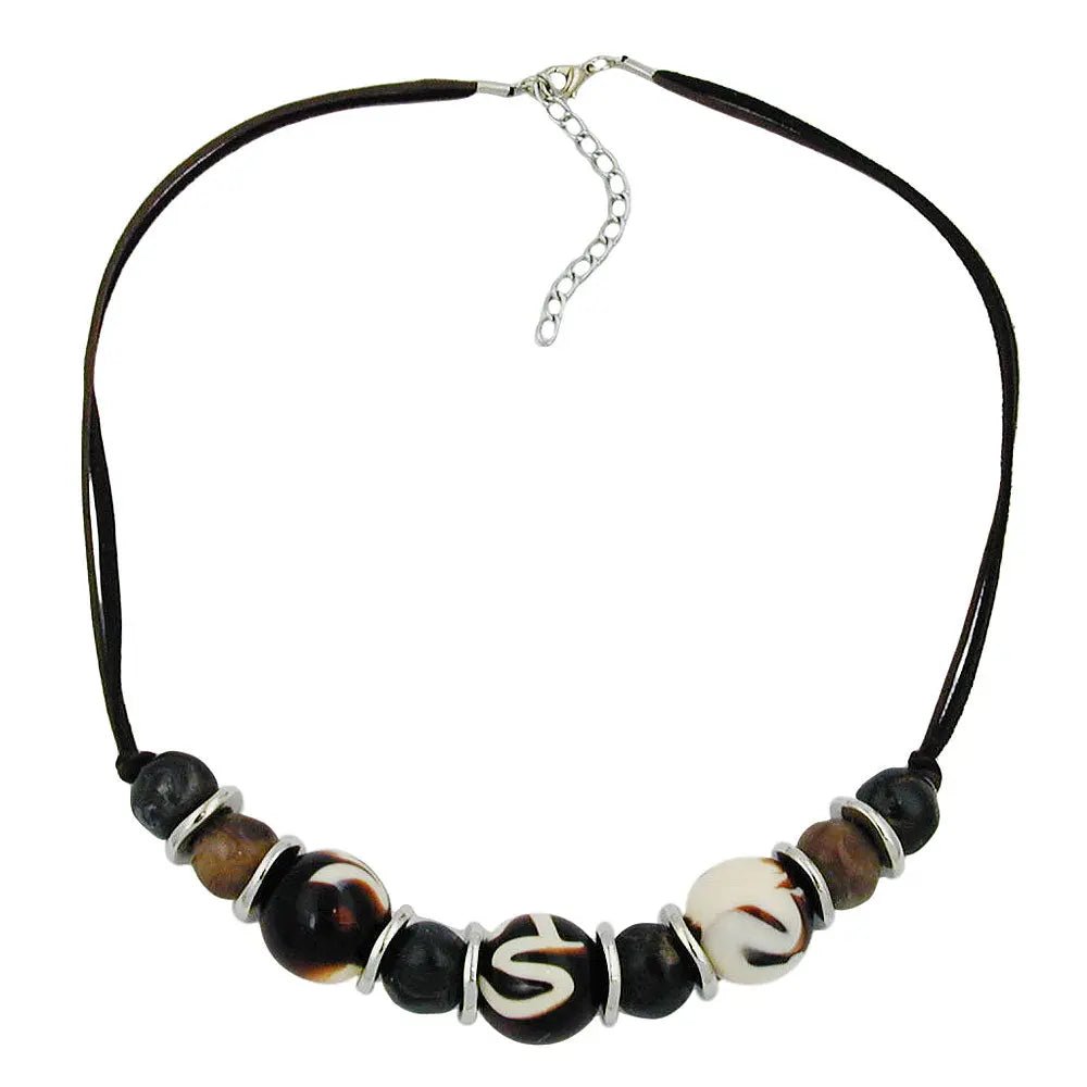 Kette Kunststoffperlen braun - weiß - schwarz Kordel braun 50cm