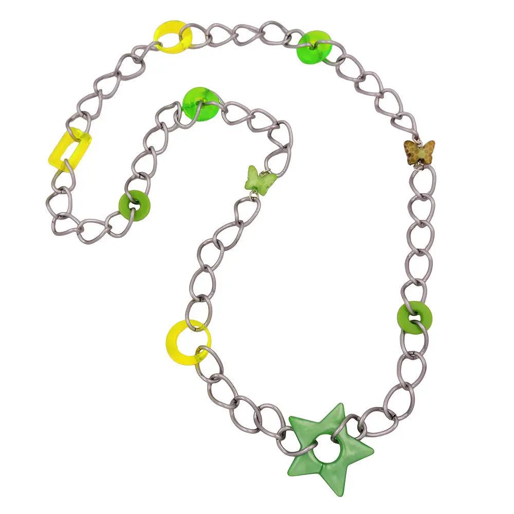 Kette Kunststoffperlen neon - oliv - mint - grün Weitpanzerkette Aluminium hellgrau 80cm