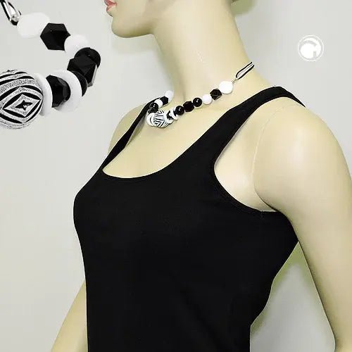 Kette Kunststoffperlen Schmuckperle und Kordel schwarz - weiß 44cm