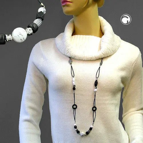 Kette Kunststoffperlen schwarz - weiß Kordel schwarz 105cm
