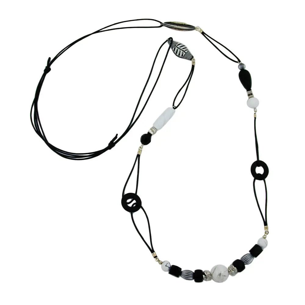 Kette Kunststoffperlen schwarz - weiß Kordel schwarz 105cm
