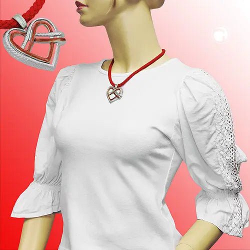 Kette Landhaus - Stil Anhänger Metallguss Herzbrezel rot - silbergrau Kordel rot 45cm