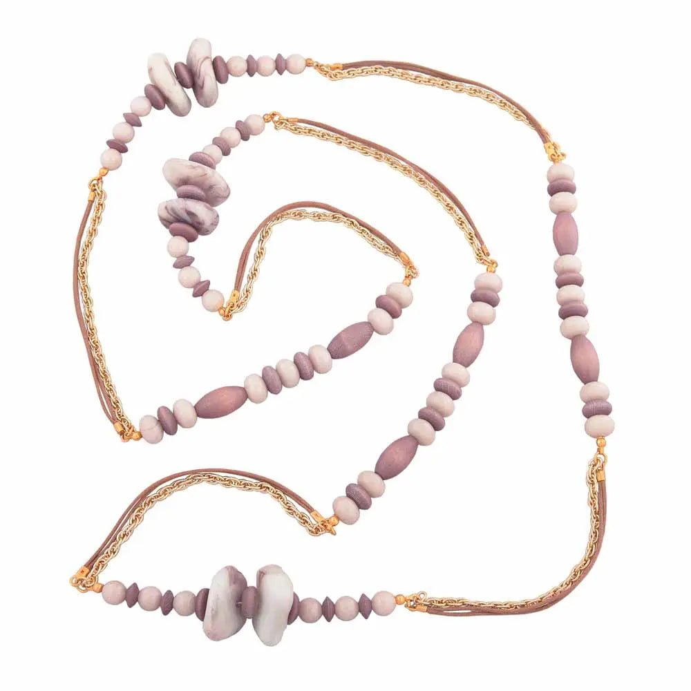 Kette Perlen Holz und Kunststoff horn - braun mit goldfarbener Kordelkette 130cm