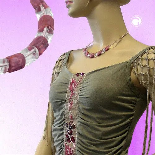 Kette Schrägperle Kunststoff altrosa und kristallklar Kordel rosa und Draht 45cm