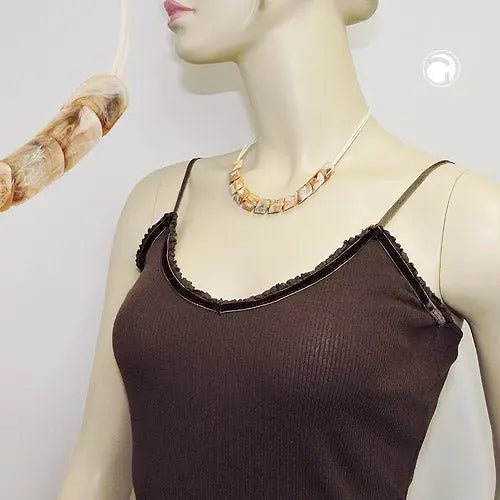 Kette Schrägperle Kunststoff beige - marmoriert Kordel hellbeige 45cm