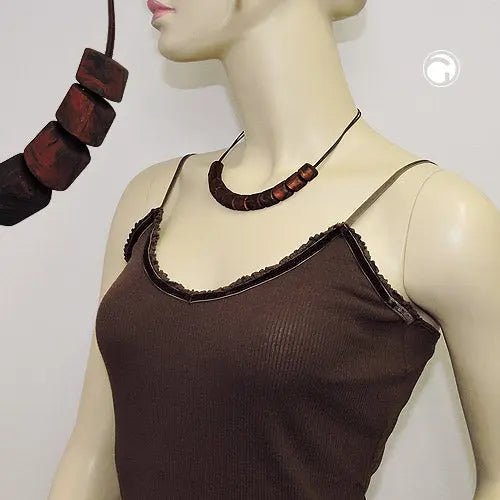 Kette Schrägperle Kunststoff braun - marmoriert Kordel dunkelbraun 45cm