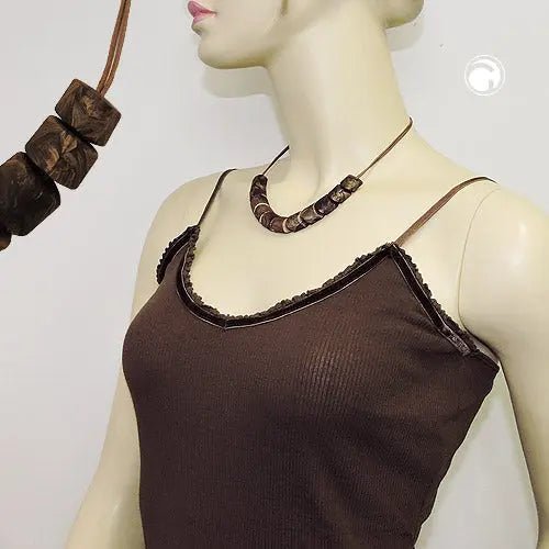 Kette Schrägperle Kunststoff dunkelbraun - marmoriert Kordel hellbraun 45cm