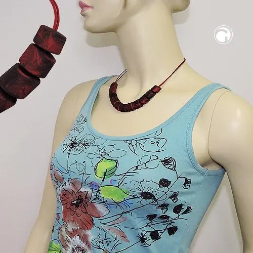 Kette Schrägperle Kunststoff rot - schwarz - marmoriert Kordel dunkelrot 45cm