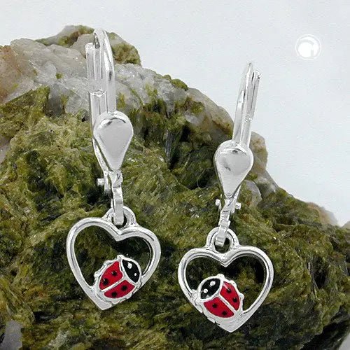 Ohrbrisur Ohrhänger Ohrringe 22x8mm Herz mit Marienkäfer rot - schwarz lackiert Silber 925