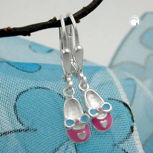 Ohrbrisur Ohrhänger Ohrringe 24x5mm Kinderschuh rosa - hellblau lackiert Silber 925