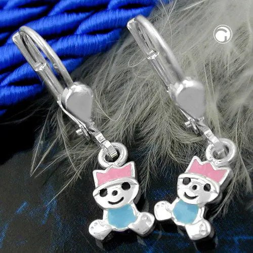 Ohrbrisur Ohrhänger Ohrringe 24x6mm kleiner König pink - hellblau lackiert Silber 925