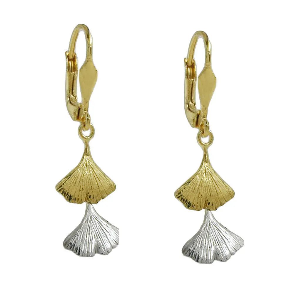 Ohrbrisur Ohrhänger Ohrringe 34x9mm Ginkgo - Blatt bicolor 9Kt GOLD
